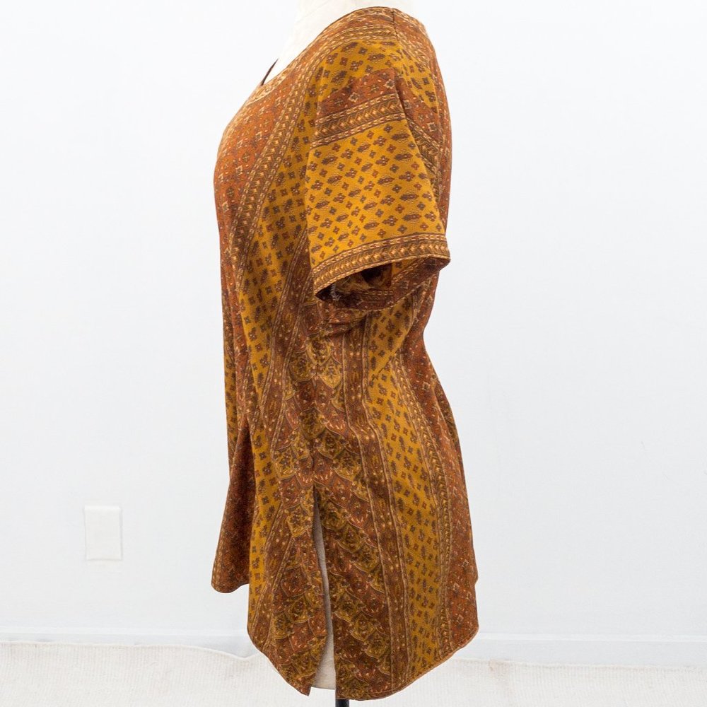 Vintage 70s M Silk Hippy Print Blouse Brown Tan - Picture 3 of 8